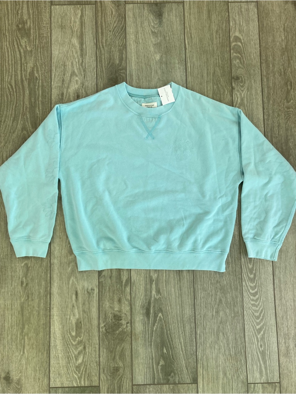 American Eagle Light Aqua Embroidered Crewneck Sweatshirt
